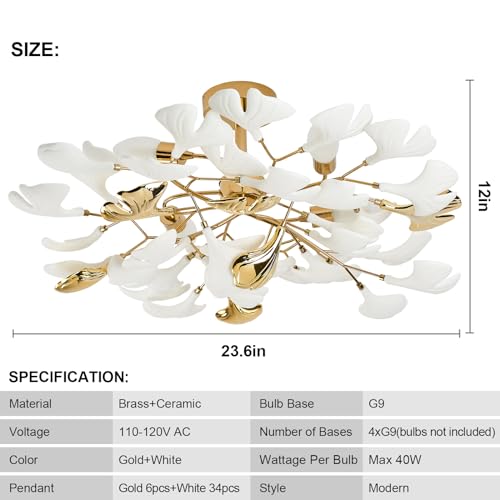 Gold Ceramic Ginkgo Leaf Chandelier, 24" Semi Flush Mount Ceiling Light F689