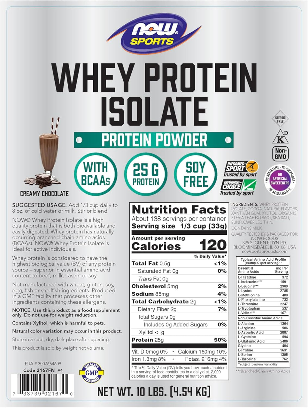 NOW Sports Whey Protein Isolate, Creamy Chocolate, 10 lb Y49737