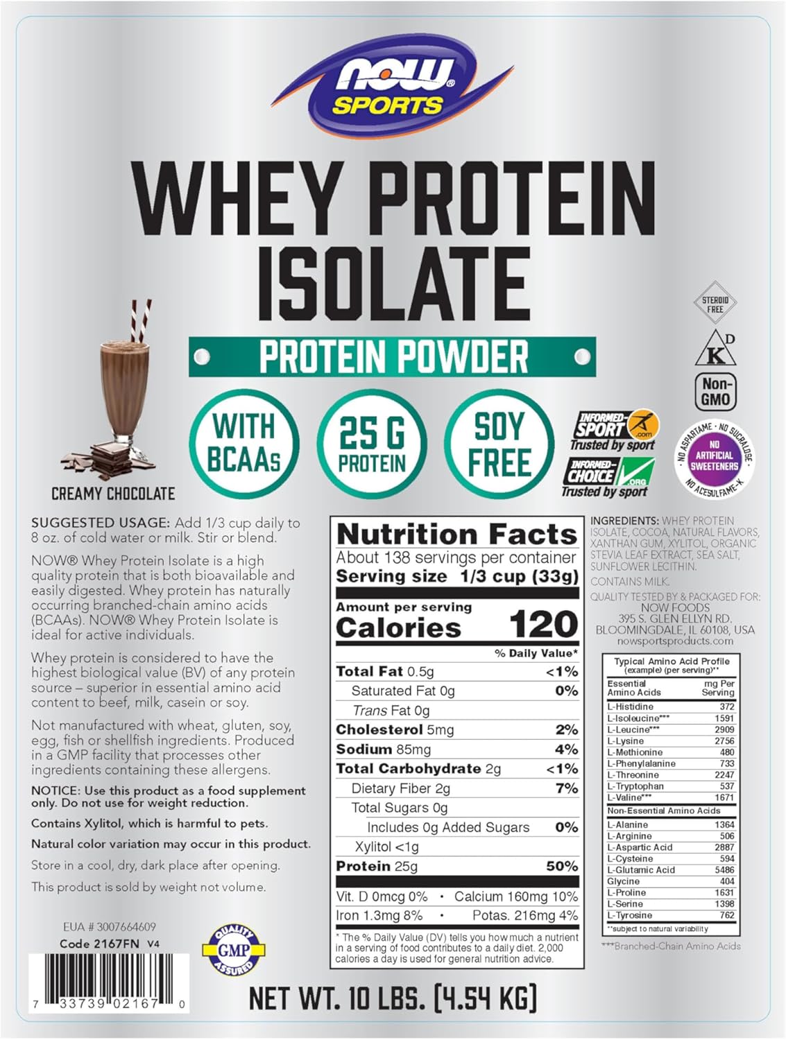 NOW Sports Whey Protein Isolate, Creamy Chocolate, 10 lb Y49737