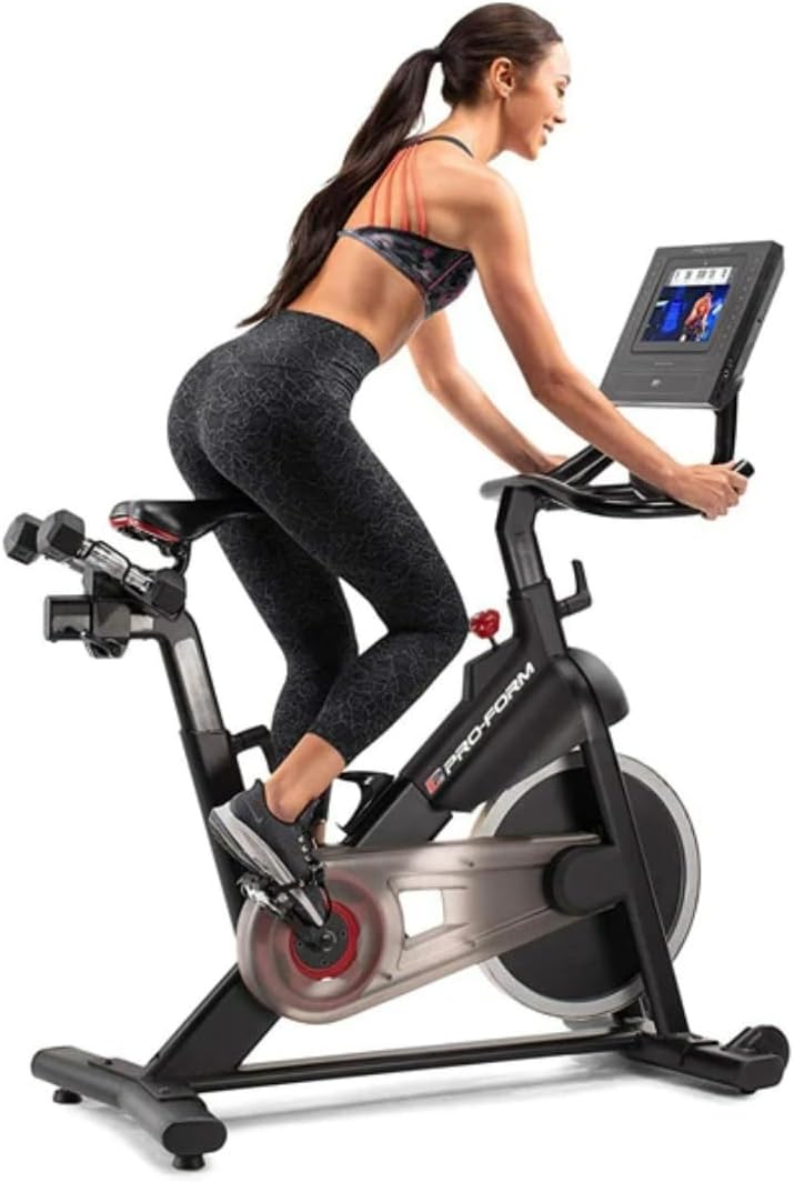 Proform Studio Spin bike Pro Exercise Bike with 10” HD Smart Touchscreen and 22 digital resistance levels and Two 3 lb dumbbells for home workout on indoor stationary bike, 30 Day iFIT Membership -