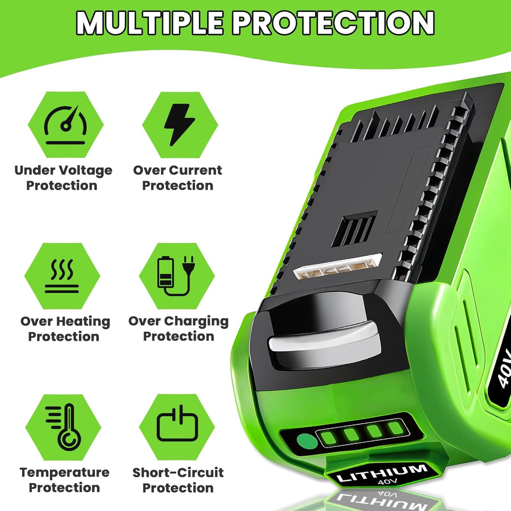 2-Pack 40V 6.0Ah Lithium Battery and Charger for Greenworks G-MAX Tools Z45443