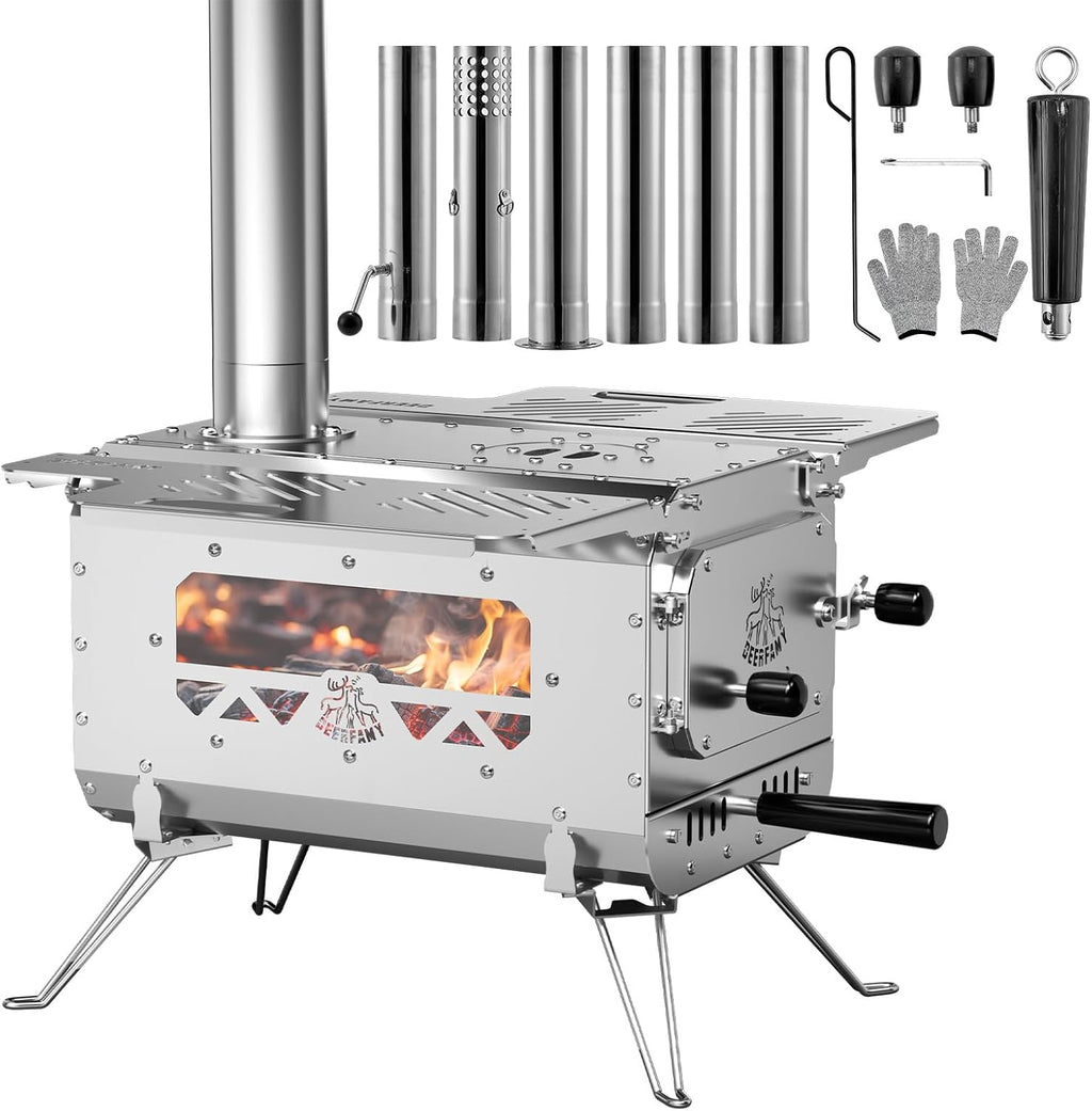 DEERFAMY Tent Stove, Portable Hot Tent Stove, Small Stainless Steel Camping Tent Stove with 6 Chimney Pipes for Outdoor Heating and Cooking