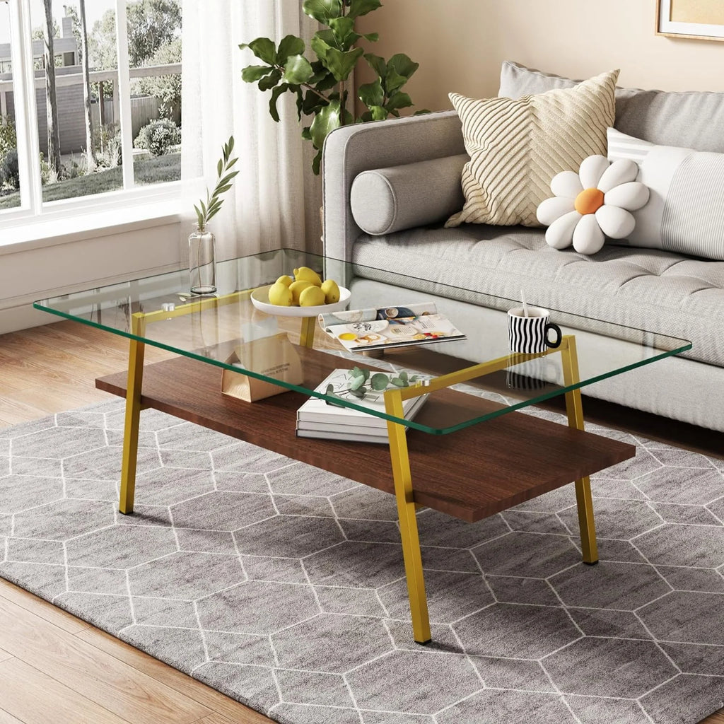 BJSN Glass Coffee Table for Living Room with Wood Shelves, Black Frame I645