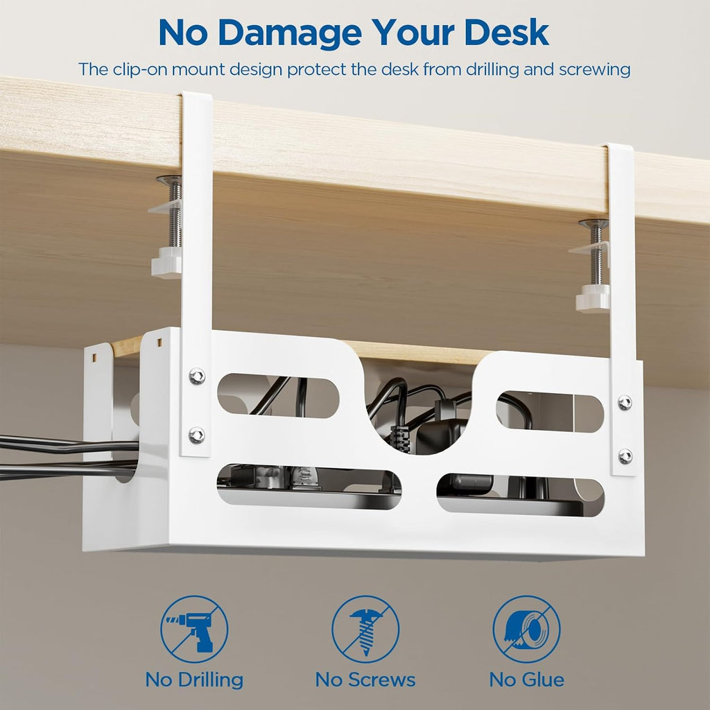 Under Desk Cable Management Box with Lid, White, Adjustable Clamps A14647