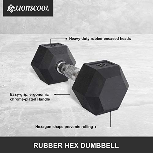 LIONSCOOL Rubber Encased Hex Dumbbells with Metal Handle, 5-65lbs H890990