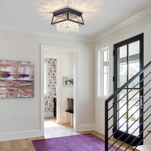 Crystal Flush Mount Ceiling Light, 11.8 inch 4-Light Black Farmhouse O868