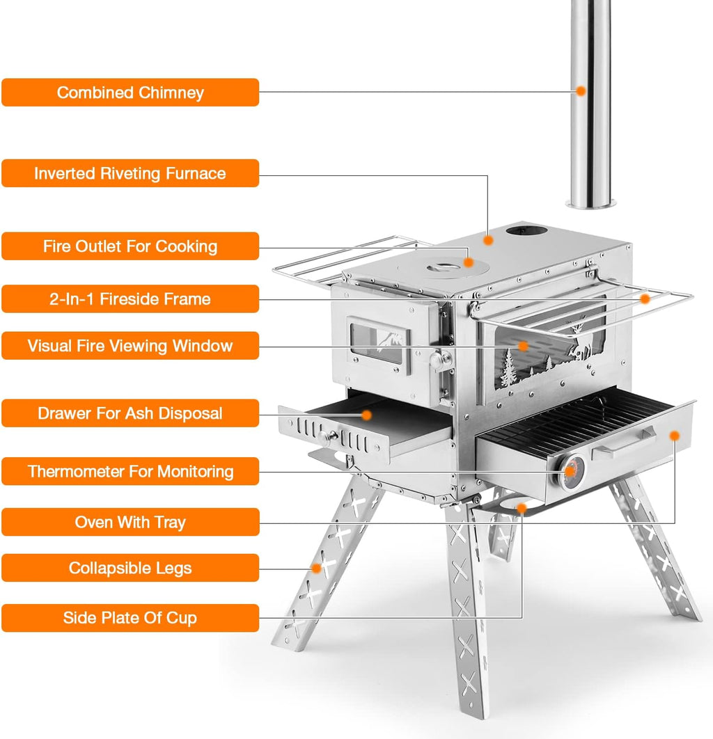 YOLENY Wood Stove with Chimney Pipes and Carry Bag for Camping, Hiking, Backpacking F475