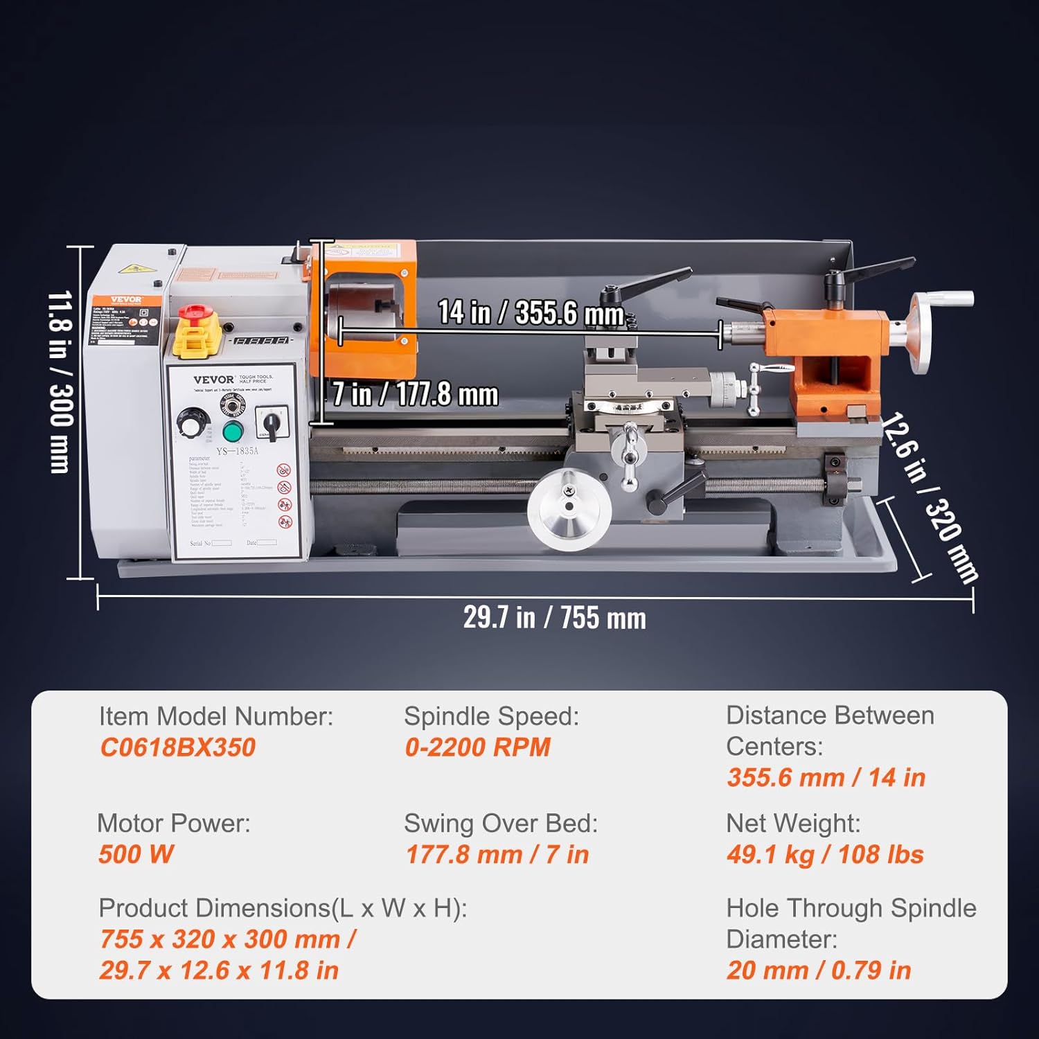 VEVOR Metal Lathe Machine 7 x 13.78 Precision Benchtop Power Lathe S506230