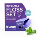BURST Refillable Dental Floss Dispenser Set - Juniper Berry Aroma - Charcoal Coated, Expanding Floss - Stain-Absorbing, Woven Tooth Floss - White Case + 32 Yards Charcoal Floss