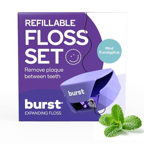 BURST Refillable Dental Floss Dispenser Set - Juniper Berry Aroma - Charcoal Coated, Expanding Floss - Stain-Absorbing, Woven Tooth Floss - White Case + 32 Yards Charcoal Floss