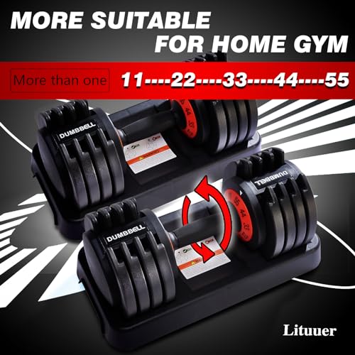 Adjustable Dumbbell Set with Tray, 25/55 Lbs Pair, Black Grip Handle H25626