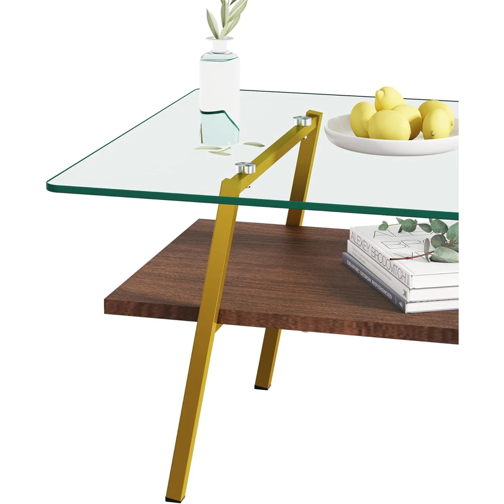 BJSN Glass Coffee Table for Living Room with Wood Shelves, Black Frame I645
