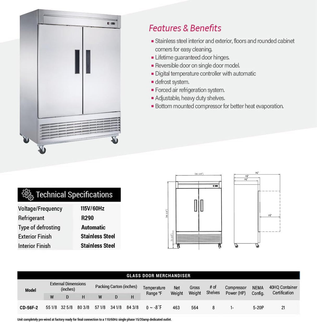 Commercial Freezer 2-Door Solid Upright Stainless Steel NSF 54" I61518