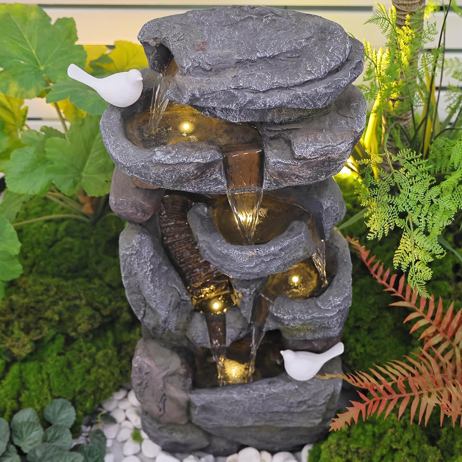 Grey 5-Tiered Rock Water Fountain Outdoor Garden with Light H5932