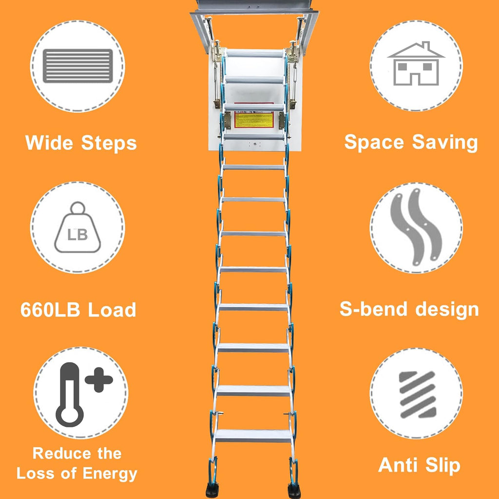 TECHTONGDA Attic Ladder 12 Steps Pull Down Stairs, Carbon Steel, 9.8ft Height Q214