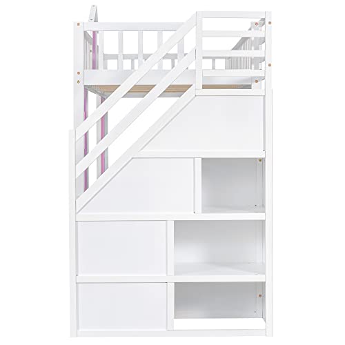 Twin Castle Style Bunk Bed with Slide, Twin-Over-Twin, Solid Wood, Pink M891224