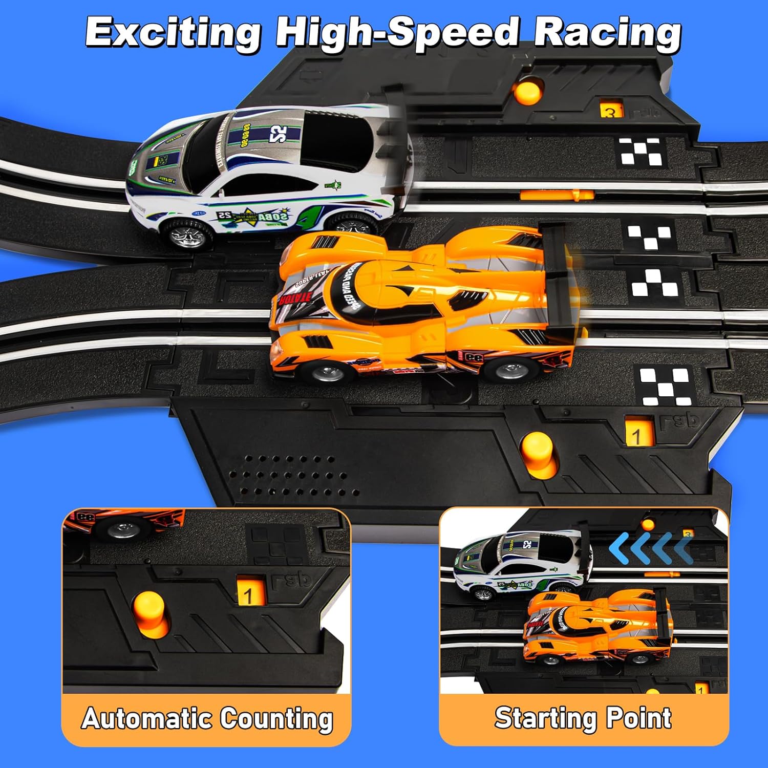 Electric Slot Car Race Track Set with 4 High-Speed Cars, 2 Controllers & Lap Counter E803