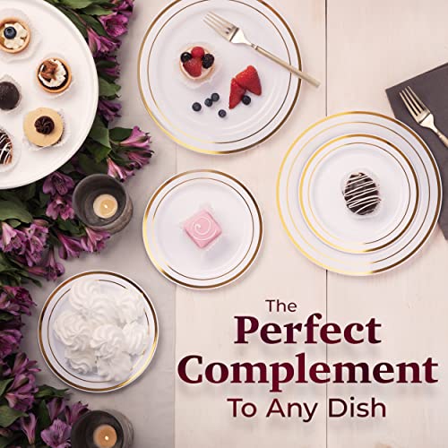 Aya's Cutlery Kingdom 100 White Plastic Plates with Gold Trim, 50 Dinner + 50 Salad Plates A6218