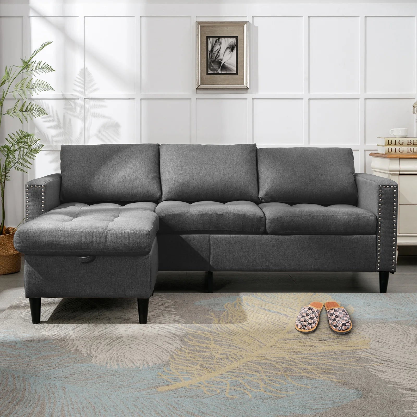 ZAFLY Reversible Sectional Couch, 3-Seat L-Shaped Modular Sleeper Sofa Bed with Storage Ottoman, Dark Grey D36329