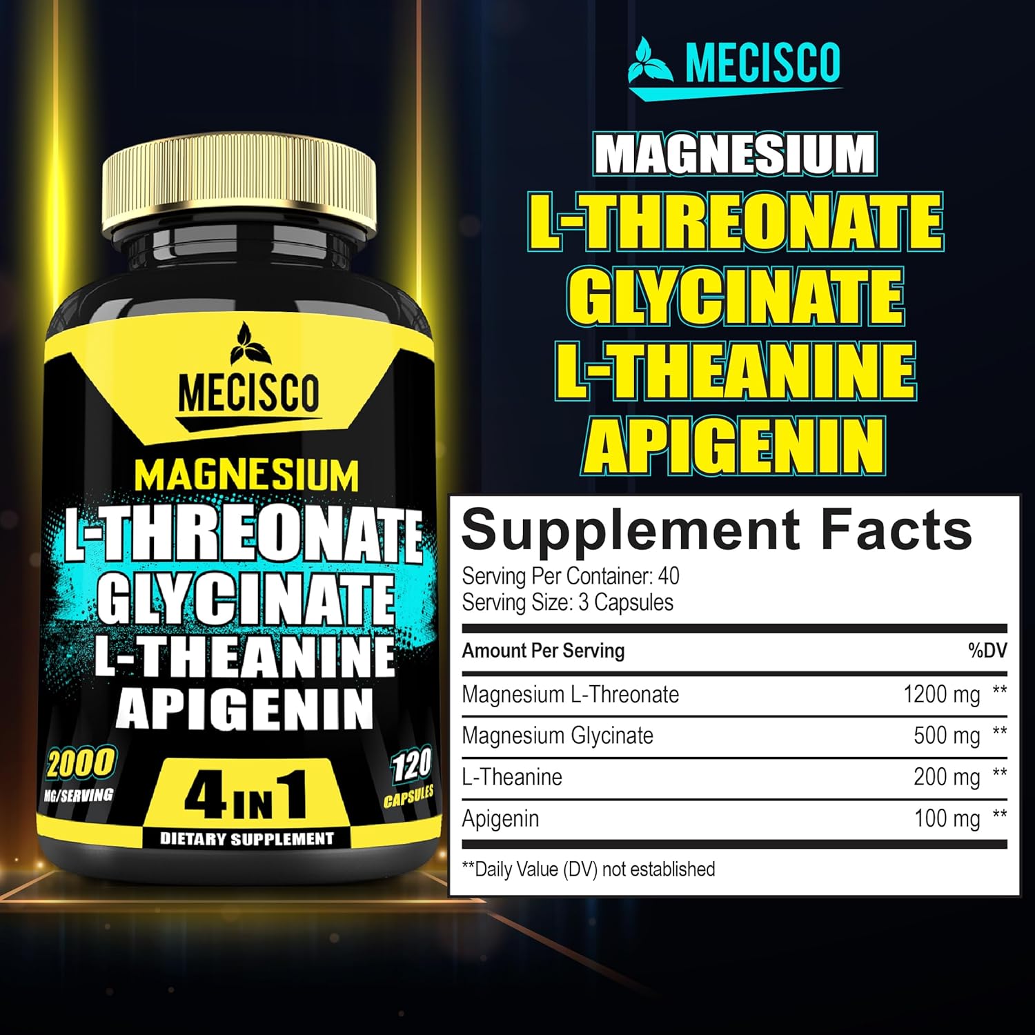 Magnesium L-Threonate & Glycinate Supplement with L-Theanine & Apigenin, 120 Capsules N1535