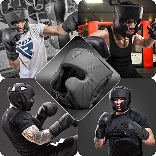 RDX Boxing Headgear Sparring Grappling Maya Hide Leather Black T6949