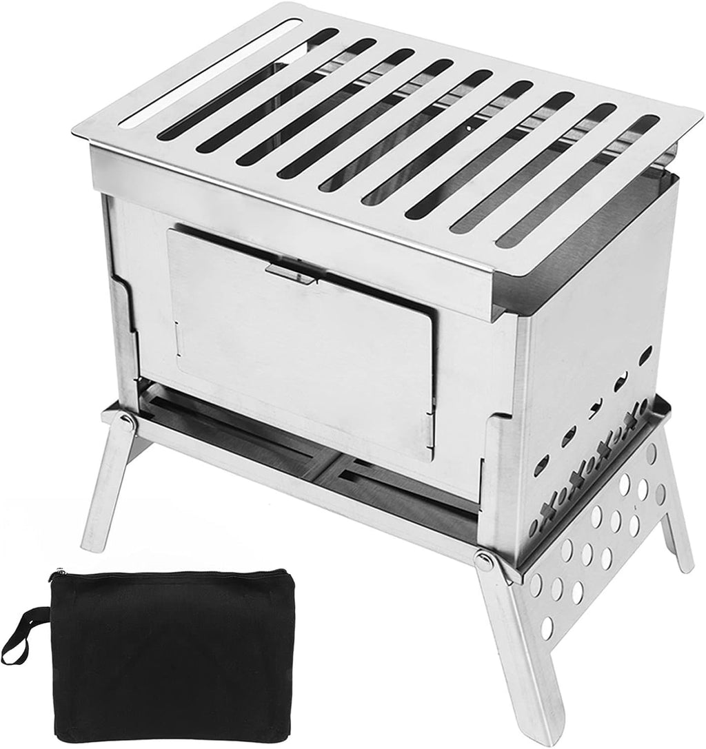 Folding Wood Burning Stove Stainless Steel Portable Camping BBQ Kit E546