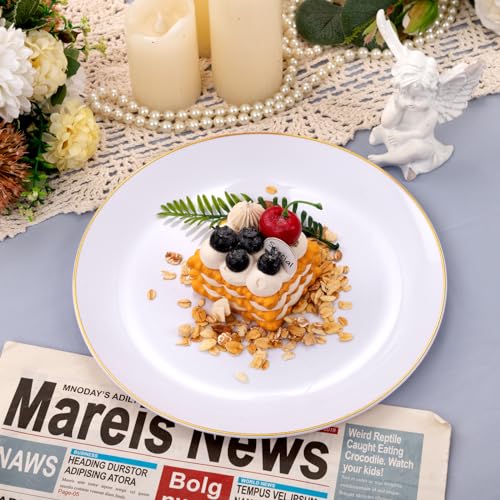 50 Gold Rim Plastic Plates 9 Inch - Disposable Dinner Plates for Party W3436