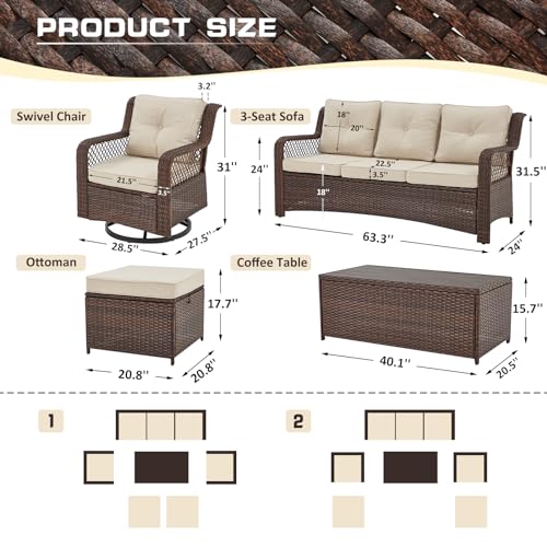 6 Piece Patio Furniture Set with Wicker Rocking Chairs, Table and Ottomans (Beige) G496045