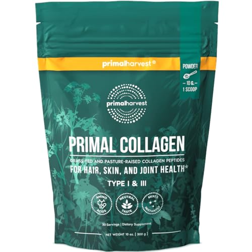 Primal Harvest Collagen Powder for Women or Men Primal Collagen Peptides Powder Type I & III, 10 Oz Collagen Protein Powder for Hair, Skin, Nails (Single, Unflavored)