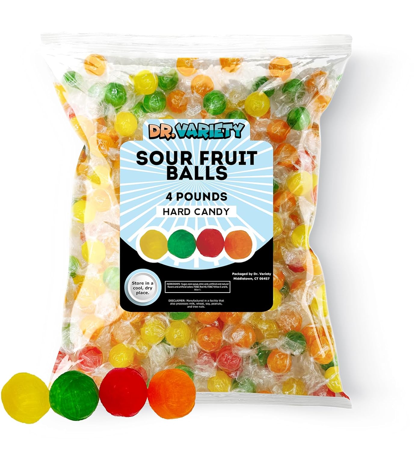 Assorted Fruit Sour Balls Hard Candy (4lb) - Bulk Sour Candy Individually Wrapped, Sour Ball Fruit Candies - Lightly Sour Candy Balls Variety By Dr. Variety