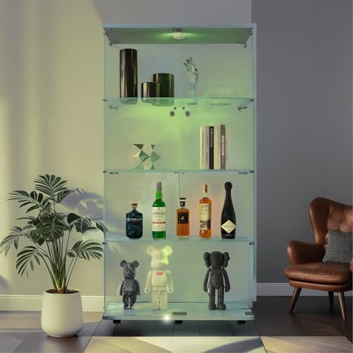 White Glass Display Cabinet with Lock and Lights, 2 Doors I602112