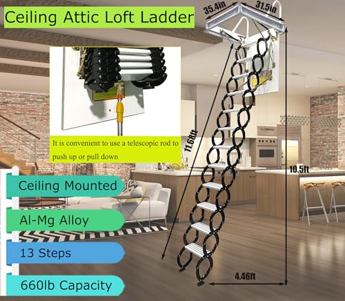TECHTONGDA Attic Ladder 13 Steps Telescoping Pull Down Loft Stair E410891