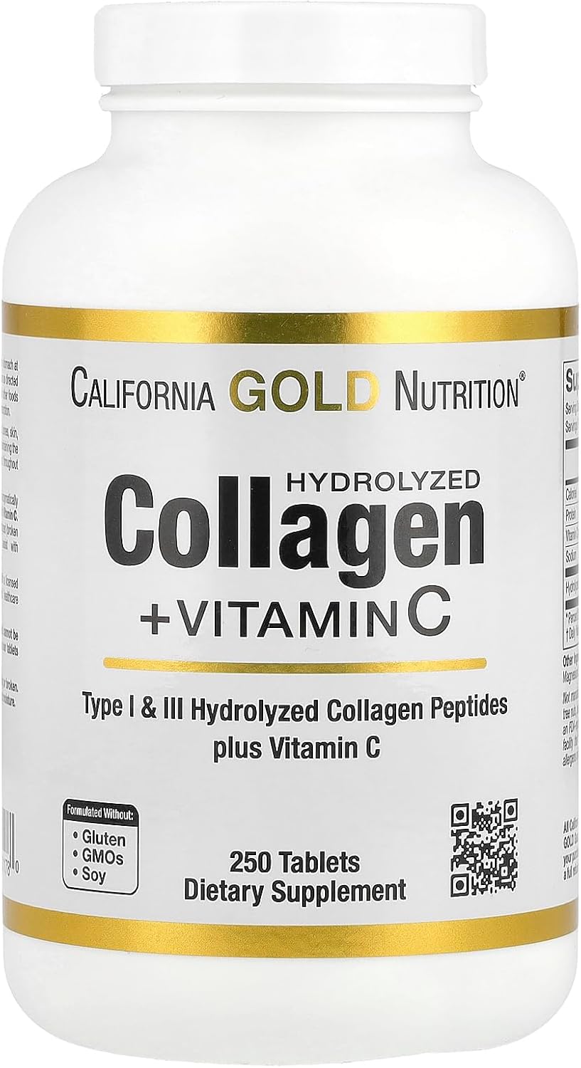 Hydrolyzed Collagen Peptides + Vitamin C by California Gold Nutrition - Support for Hair, Skin, Nails, Joints, & Bones - Featuring Type I & III Collagen Peptides - Gluten Free, Non-GMO - 250 Tablets