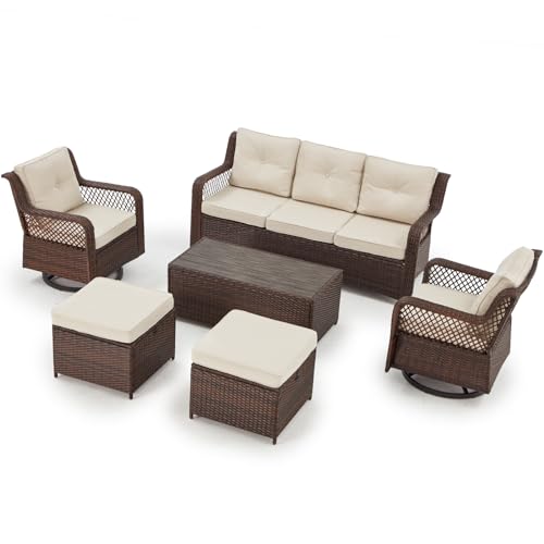 6 Pieces 360° Swivel Rocking Chairs Patio Furniture Set Wicker Outdoor Conversations Sets with Table and Ottomans for Beckyard Garden (Beige)