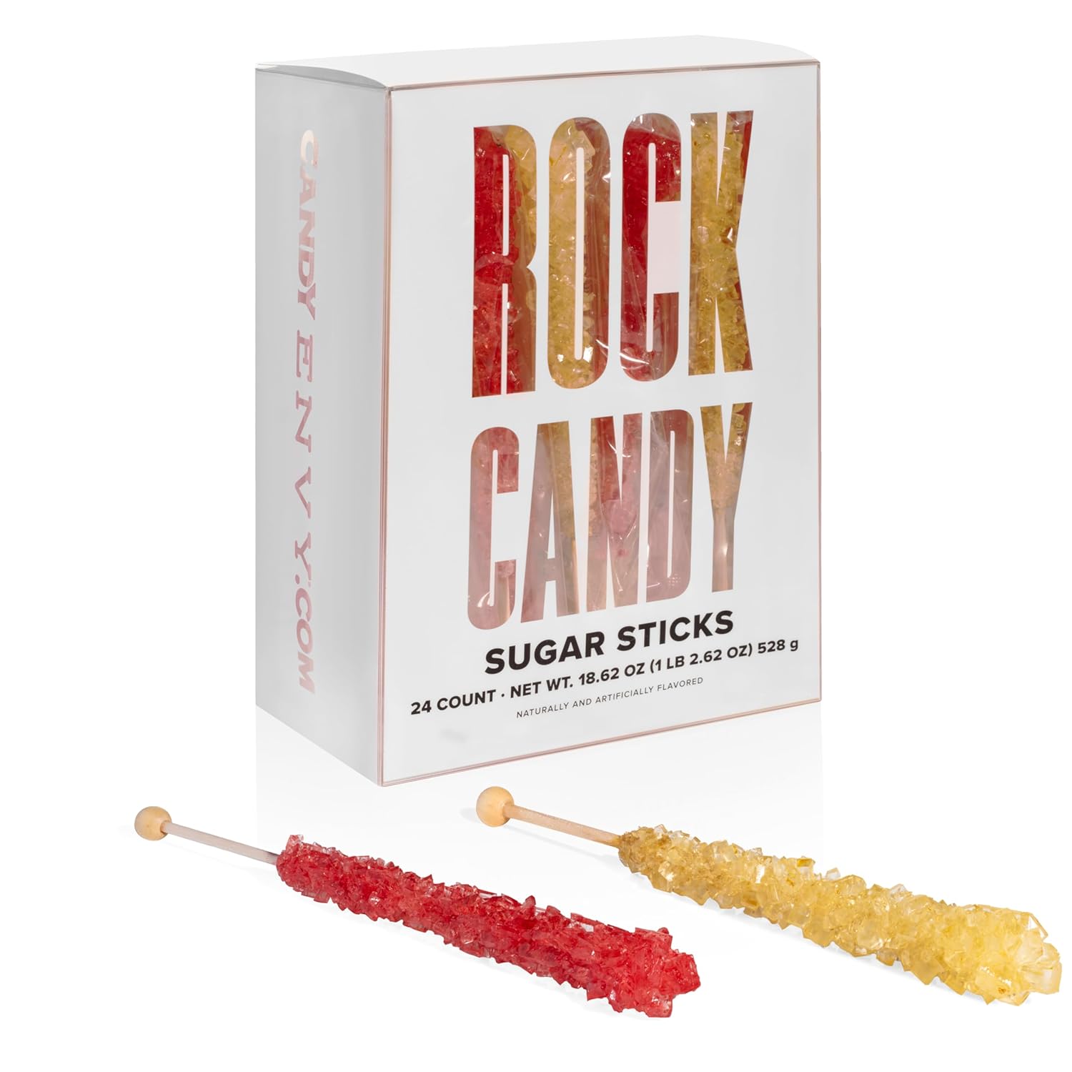 Candy Envy - Gold and Red Rock Candy Sugar Sticks - 24 Indiv. Wrapped - Original Sugar & Strawberry Flavored