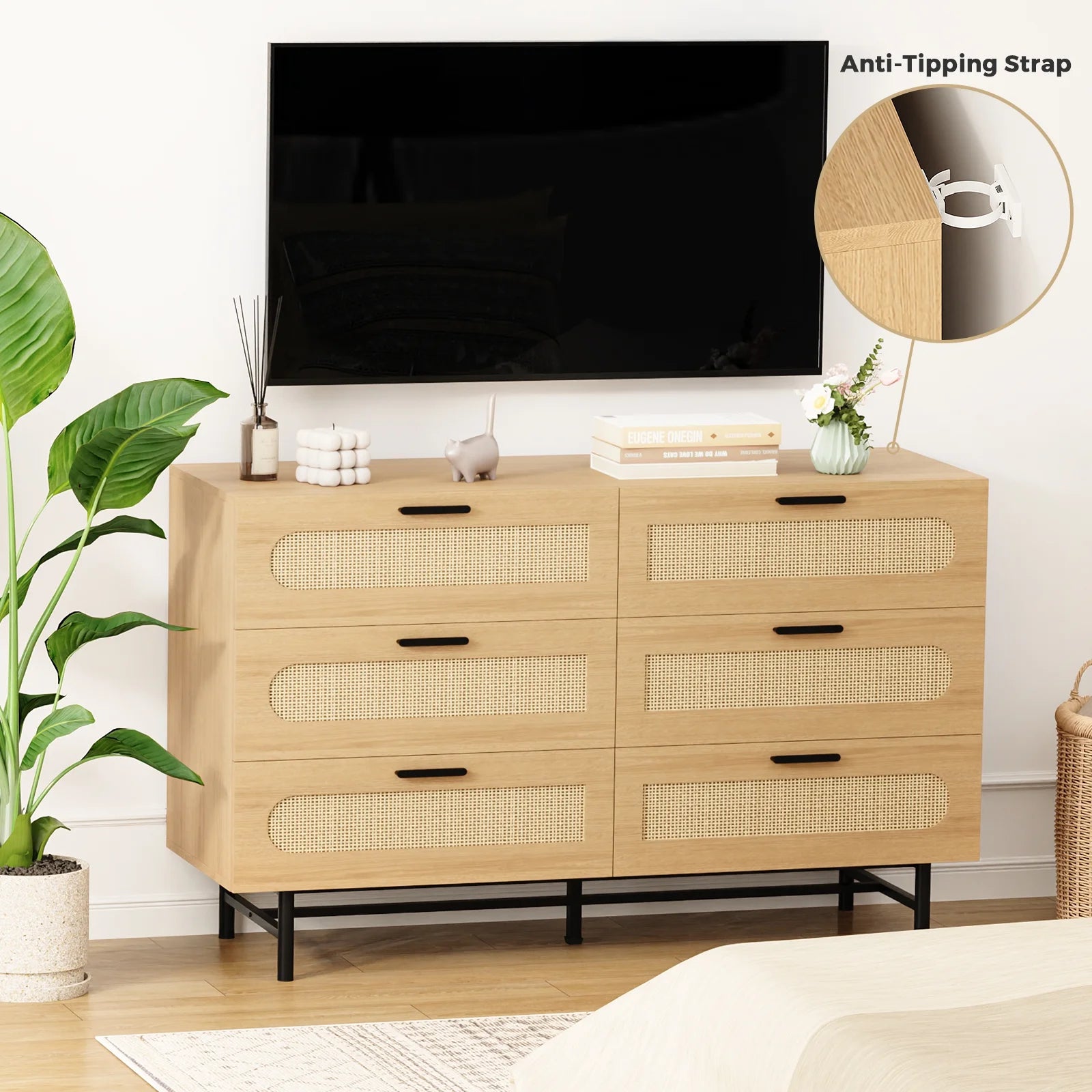 REHOOPEX 6 Drawer Dresser for Bedroom, Natural Rattan Chest of Drawers K6870