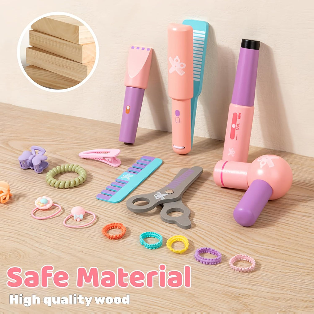 Mailuren® Wooden Makeup Toy Set for Girls with Hair Dryer and Styling Accessories A952