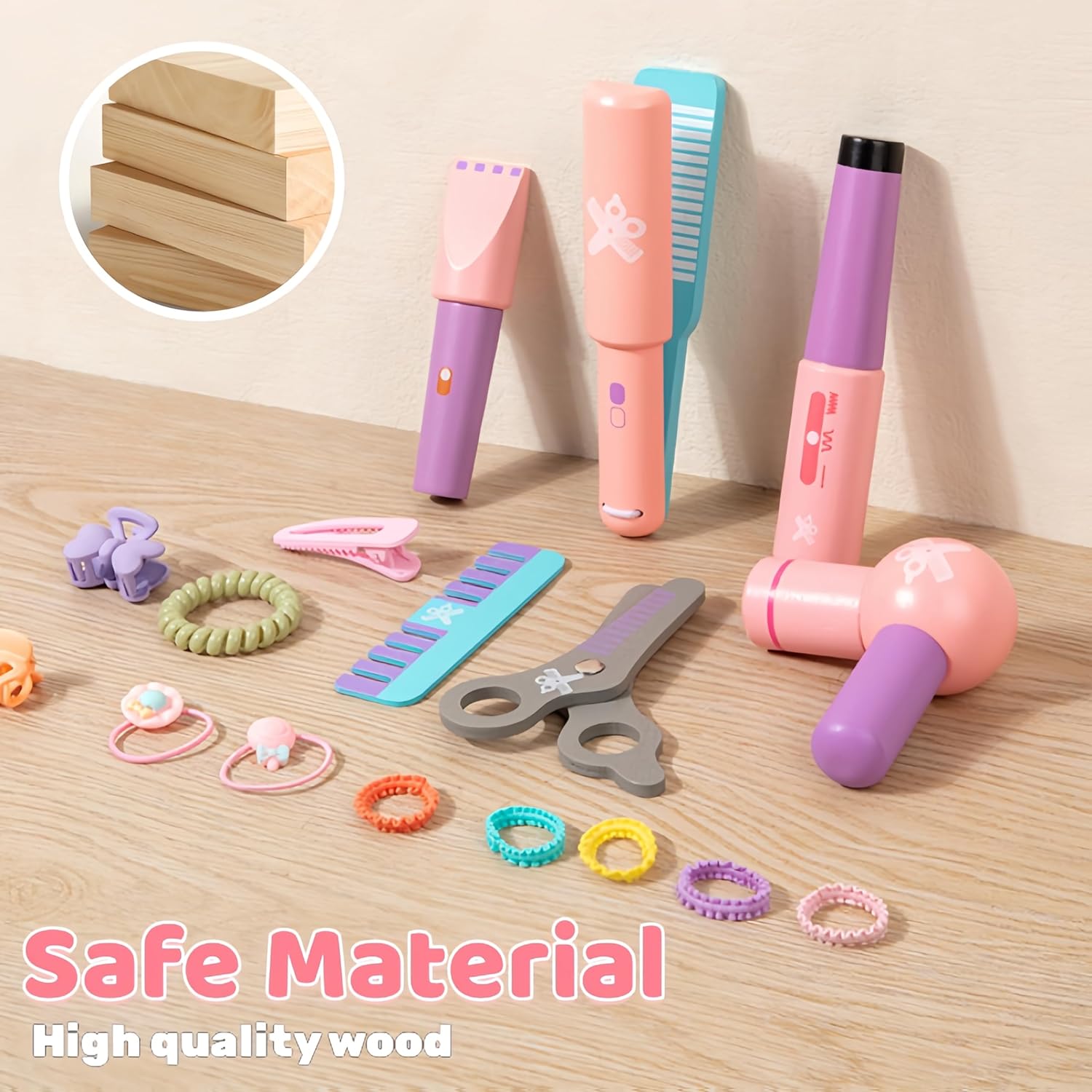 Mailuren® Wooden Makeup Toy Set for Girls with Hair Dryer and Styling Accessories A952