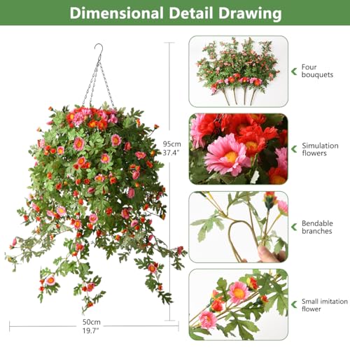 INQCMY Artificial Hanging Flowers with Basket, Silk Chrysanthemum Arrangement, 4 Pack for Patio Garden Decor (Purple Red) E7186