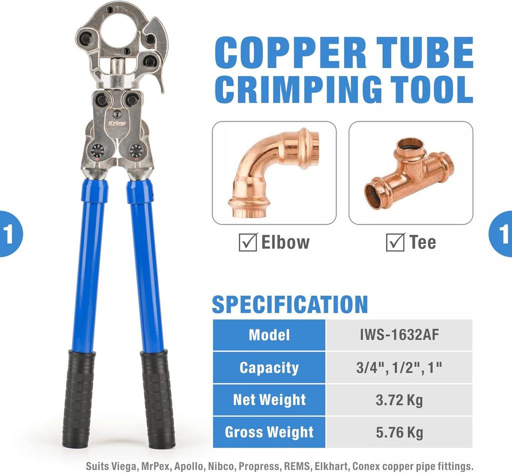 iCrimp IWS-1632AF Copper Tubing Press Tool for 1/2'', 3/4'', 1'' Viega ProPress Fittings E398