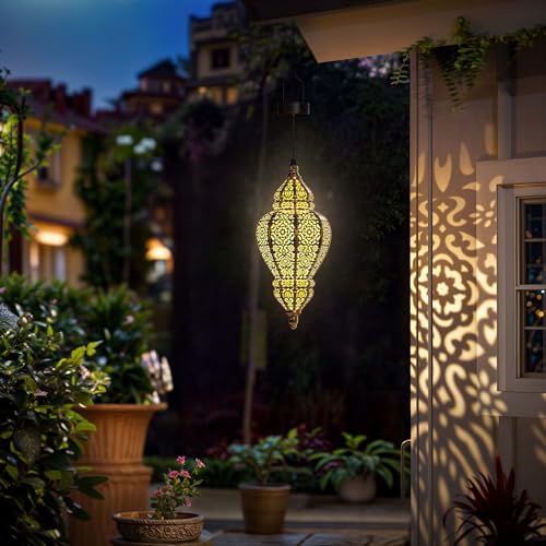 Moroccan Hanging Solar Lights Outdoor Lantern Waterproof Plastic Gold Garden Decor I141