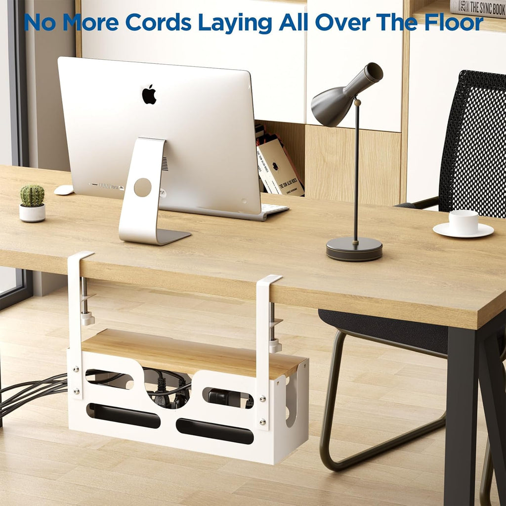 Under Desk Cable Management Box with Lid, White, Adjustable Clamps A14647