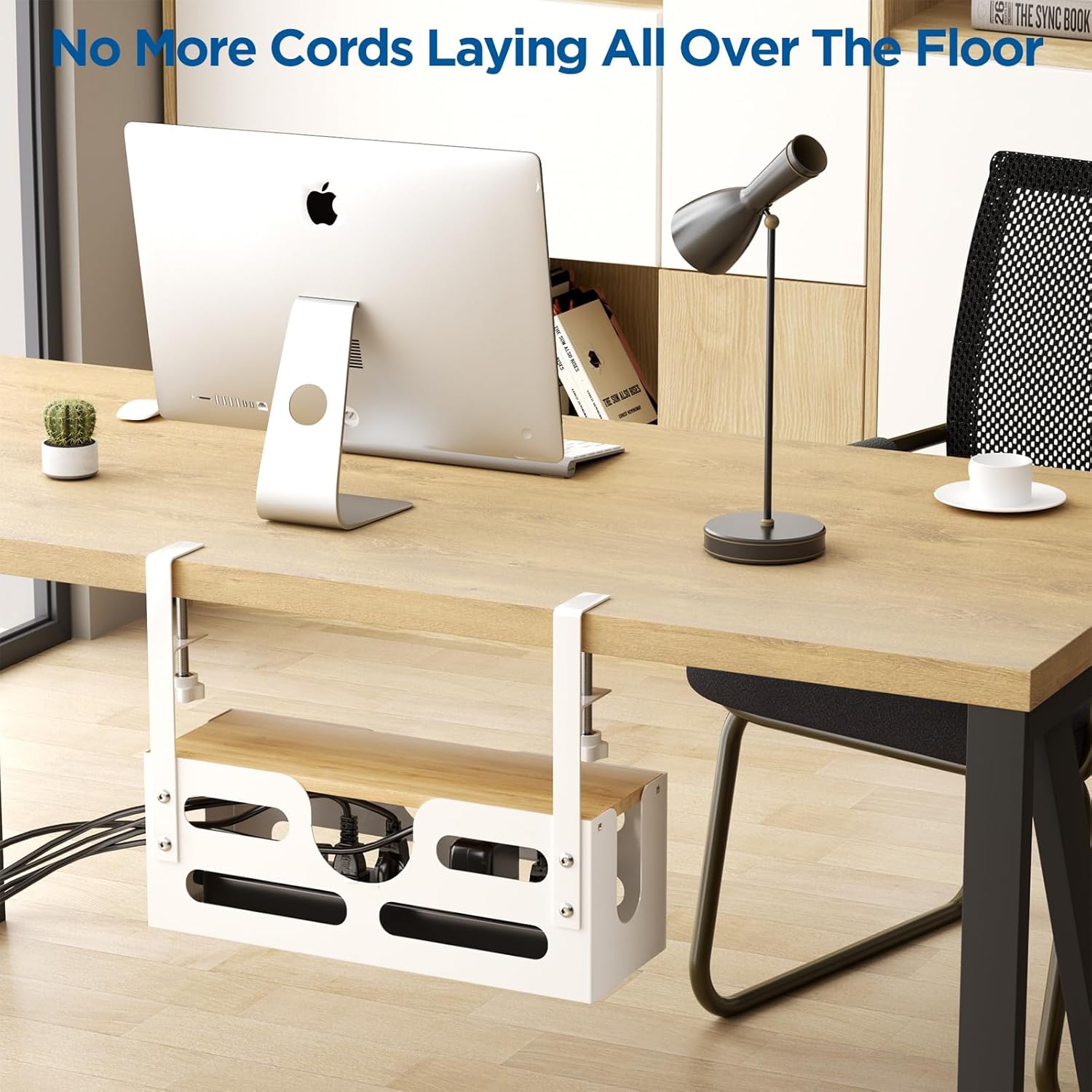 Under Desk Cable Management Box with Lid, White, Adjustable Clamps A14647