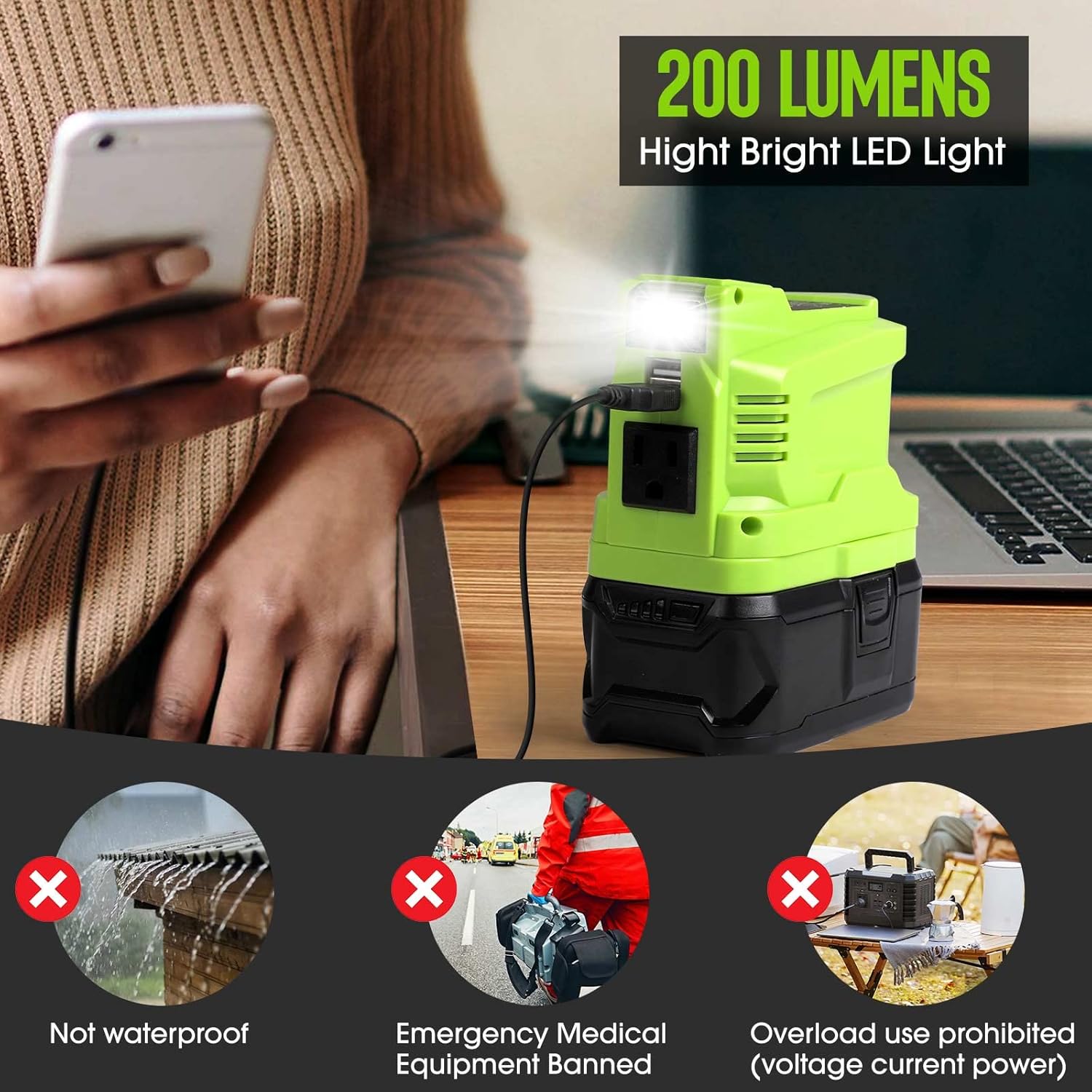 Ryobi 18V Battery Powered Inverter Generator 150W, 110V AC Output with USB Charger F2579