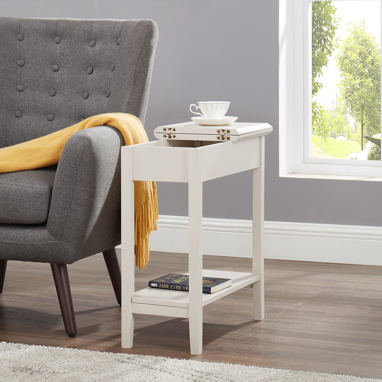 Flip Top Narrow End Table with Storage, Cream G920