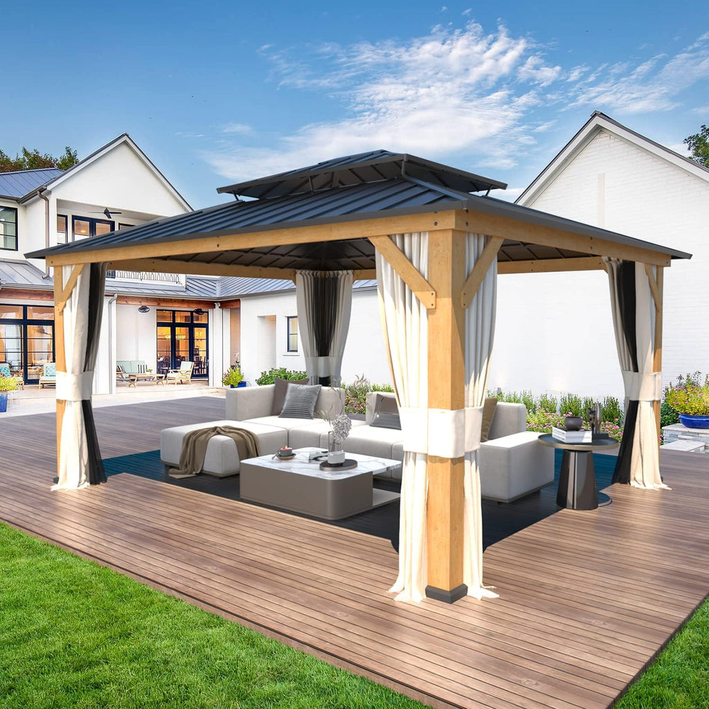 EROMMY 13'x15' Wood Gazebo with Netting and Curtains J203