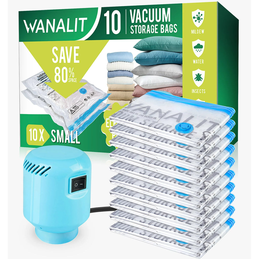 WANALIT 10 Pack Vacuum Storage Bags Small with Electric Air Pump Reusable Compression Space Saving Bags for Clothes Bedding Mattress Blankets Pillows Comforters Travel 24"x16"