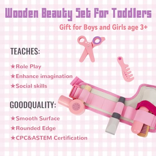 Wooden Hair Salon Toys for Girls Pretend Play Set with Blow Dryer and Styling Accessories Q445