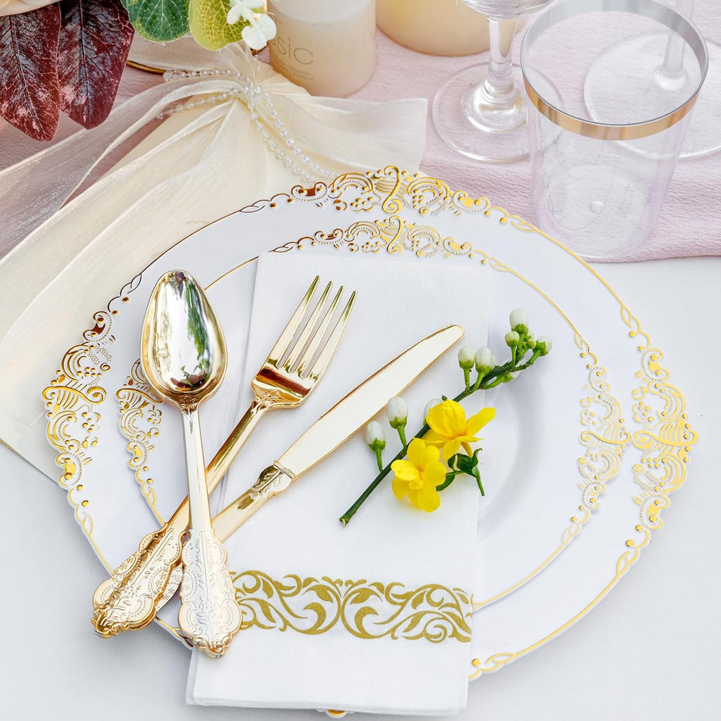 Nervure 350PCS Gold Plastic Dinnerware Set for 50 Guests O829805