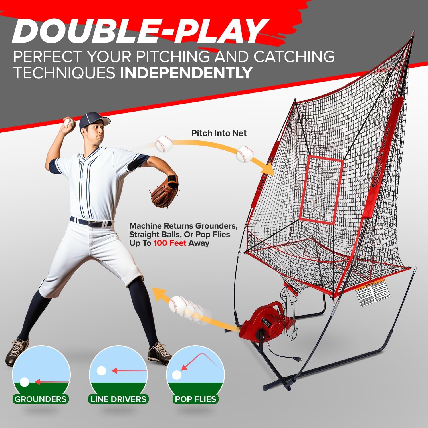 Heater Sports Double Play Pitch Back & Pitching Machine DP249, Red U7001